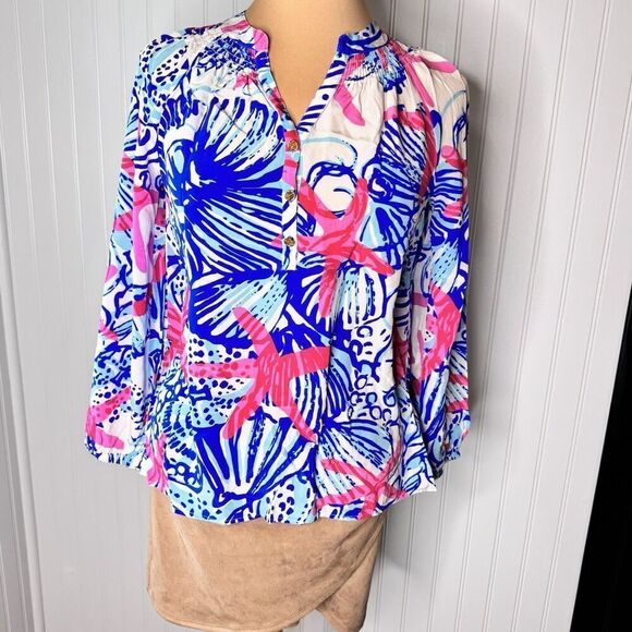 Lilly Pulitzer Sz XS 100% Silk Elsa Top Resort She Shells Top Starfish Blouse - Picture 4 of 14